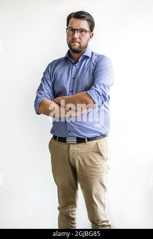 STOCCOLMA 2018-08-18 Jimmie Akesson, Presidente dei Democratici svedesi durante un'intervista prima delle elezioni generali del 9 settembre 2018. Foto: Anna-Karin Nilsson / EXP / TT / kod 7141 ** FUORI SVEZIA ** Foto Stock