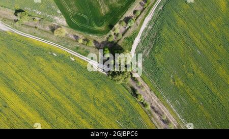 Strada sterrata lungo il canale di melorazione abbandonato. Terreno agricolo, vista aerea. Foto Stock