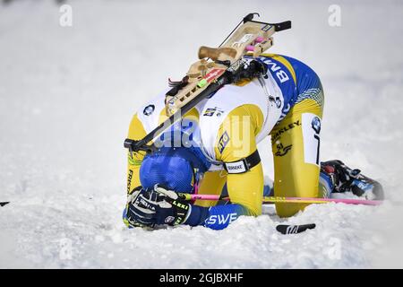 La svedese Jesper Nelin reagisce dopo aver gareggiato durante la manifestazione a relè misto (2x6 km+2,75 km) ai Campionati mondiali di biathlon IBU di Oestersund, Svezia, il 07 marzo 2019. Foto: Anders Wiklund / TT / code 10040 Foto Stock