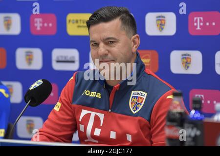 L'allenatore rumeno Cosmin Contra durante una conferenza stampa a Stoccolma, Svezia, il 22 marzo 2019, prima del qualificatore UEFA euro 2020 contro la Svezia sabato. Foto: Henrik Montgomery / TT / kod 10060 Foto Stock