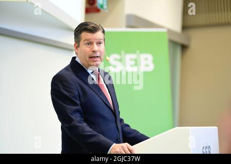 Johan Torgeby, CEO e presidente della banca svedese SEB presenta i risultati del primo trimestre dell'azienda durante una conferenza stampa presso la sede centrale della banca a Stoccolma, Svezia, il 30 aprile 2019. Foto: Fredrik Sandberg / TT / code 10080 Foto Stock