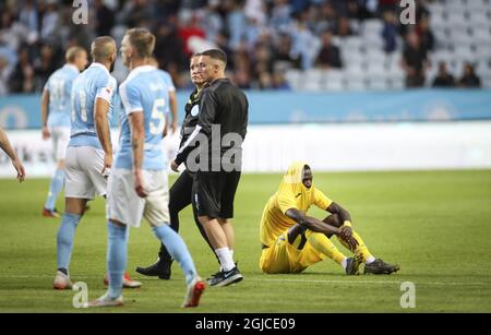 Lo Shamar Nicholson (R) di Domzale reagisce dopo il secondo turno di qualificazione della UEFA Europa League, seconda partita di calcio tra Malmo FF e NK Domzale (Slovenia) allo Swedbank Stadium di Malmo, Svezia, il 01 agosto 2019. Foto: Andreas Hillergren / TT / kod 10600 Foto Stock