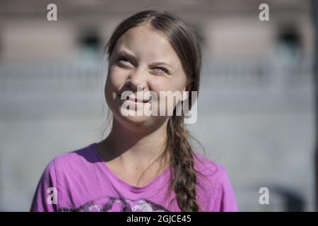 Greta Thunberg, attivista del clima, ha fatto il suo giorno finale di sciopero della scuola fuori dal Parlamento a Stoccolma, Svezia prima di andare negli Stati Uniti e la conferenza ONU sul clima foto: Stina Stjernkvist / TT / kod 11610 Foto Stock