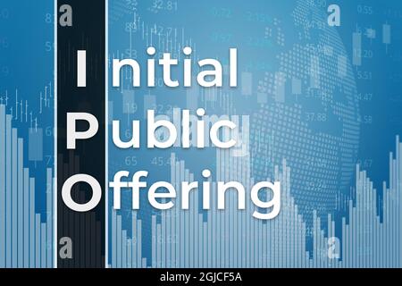 IPO (Initial Public offering) su sfondo blu di finanza da grafici, grafici, colonne, pilastri, barre, numeri. Trend su e giù, piatto. Illustrazione 3D Foto Stock