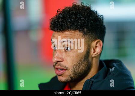 Alex Oxlade-Chamberlain calciatore del Liverpool FC, durante l'allenamento al Melwood a Liverpool Photo Peter van den Berg / Aftonbladet / TT code 2512 Foto Stock