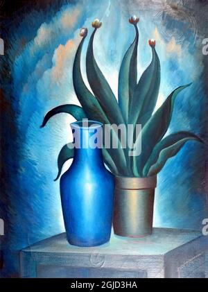 Gregor Perušek artwork - Modra Vaza - Blue Vase - Still Life - Succulent casa pianta seduta accanto a un vaso blu vuoto. Foto Stock