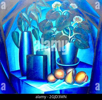 Opera di Gregor Perušek - Still Life - vaso di fiori e fazzoleria insieme a vari frutti in blu. Foto Stock