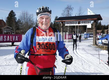 MORA 2020-02-24 Vasalopp, veterano della corsa di sci di 86 anni Borje Karlsson, ha fatto il suo 60esimo Vasalopp il 24 febbraio 2020. Vasaloppet è lungo 90 chilometri. Poto Patrik C Osterberg / TT Kod 2857 Foto Stock