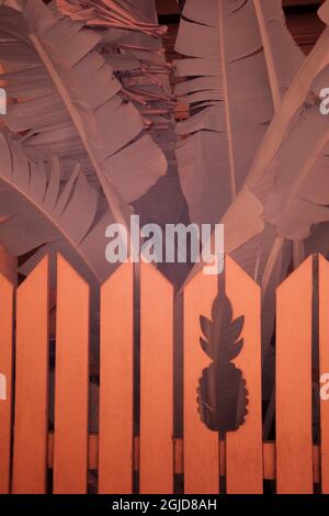 USA, Florida, Key West. Recinto di picket con ananas scolpito in esso, Key West, Florida Foto Stock
