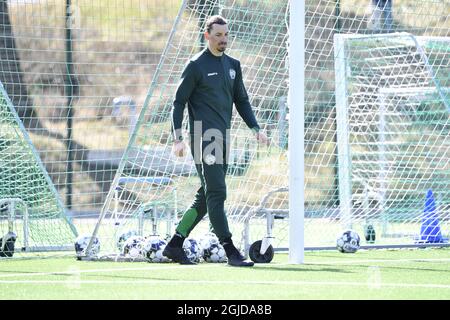 Stoccolma 20200113 il giocatore di Milano Zlatan Ibrahimovic è stato sul sito quando la squadra svedese Hammarby IF si è allenata ad Arsta IP lunedì 13 aprile 2020 a Stoccolma. Foto Henrik Montgomery / TT Kod 10060 *SVEZIA FUORI* Foto Stock