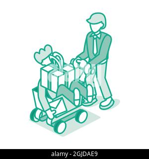 Carrello a spinta uomo con amico e confezione regalo. Icona Grande Vendita. Supermercato Trolley. Delineare il concetto isometrico. Illustrazione vettoriale. Isolato su bianco Illustrazione Vettoriale