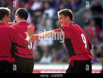 Ole Gunnar Solskjaer di Manchester United celebra il punteggio Foto Stock