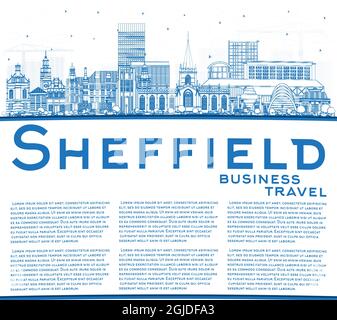 Delineare Sheffield UK City Skyline con edifici blu e spazio copia. Illustrazione vettoriale. Sheffield South Yorkshire paesaggio urbano con punti di riferimento. Illustrazione Vettoriale