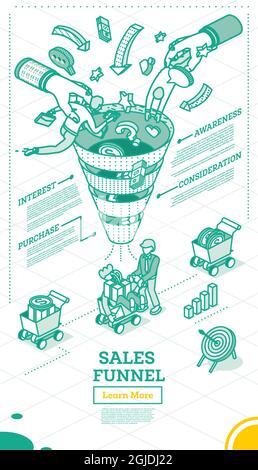 Fasi di un imbuto delle vendite. Concetto di marketing digitale. Mani che mettono le persone all'interno dell'imbuto. Progettazione di contorni. Isolato su sfondo bianco. Affari. Illustrazione Vettoriale