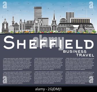 Sheffield UK City Skyline con edifici a colori, Blue Sky e Copy Space. Illustrazione vettoriale. Sheffield South Yorkshire paesaggio urbano con punti di riferimento. Illustrazione Vettoriale