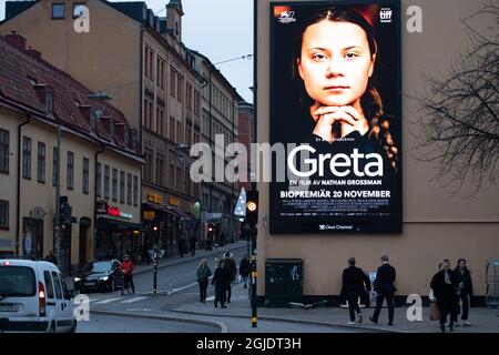 Pubblicità per il documentario 'i am Greta' sull'attivista svedese per il cambiamento climatico Greta Thunberg, diretto da Nathan Grossman, a Stoccolma, Svezia, 16 novembre 2020. Foto: Amir Nabizadeh / TT code 12040 Foto Stock