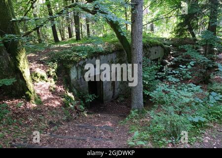 Polom, Polonia - 16 luglio 2021: Un percorso fortificato tedesco ben conservato nella foresta di Szczytno. Posizione della linea di difesa strategica. Bunker, casemate Foto Stock