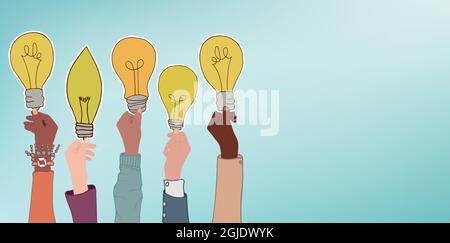 Armi di uomini e donne multiculturali che detengono un'etichetta che forma una lampadina. Concetto di aspirazione e realizzazione nel workplace.CopySpace Illustrazione Vettoriale