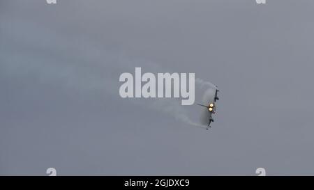 Zeltweg, Austria 6 SETTEMBRE 2019 completo postbruciatore e condensa di vapore sulle ali di un jet da caccia. Eurofighter Typhoon EFA dell'Aeronautica militare austriaca Foto Stock