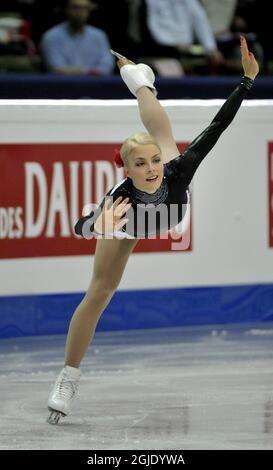 Kiira Korpi in Finlandia svolge la sua routine nel breve programma femminile del World Figure Skating Championships a Gothenburg, Svezia. Foto Stock
