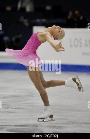 La finlandese Kiira Korpi svolge la sua routine di pattinaggio gratuito per le donne del World Figure Skating Championships a Gothenburg, Svezia, Foto Stock