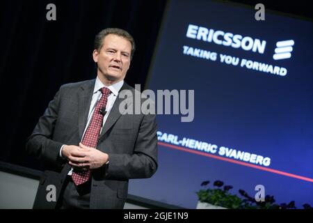 Il CEO Carl-Henric Svanberg del gigante mobile Ericsson parla durante una conferenza stampa a Stoccolma, Svezia. Foto Stock