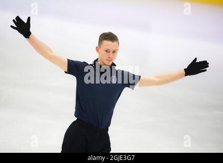 Nikolaj Majorov di Svezia in azione durante una sessione di allenamento prima del campionato ISU World Figure Skating Championships alla Globe Arena di Stoccolma, Svezia, il 23 marzo 2021. Foto: Pontus Lundahl / TT / code 10050 *** SWEDEN OUT *** Foto Stock