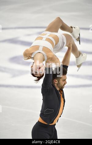 STOCCOLMA 20210325 Cleo Hamon e Denys Strekalin dalla Francia durante la finale di pattinaggio a coppie in ISU World Figure Skating Championships in Svezia giovedì 25 marzo 2021. Foto Anders Wiklund / TT kod 10040 ***SWEDEN OUT*** Foto Stock