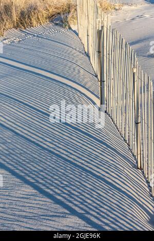 USA, Massachusetts, Nantucket Island. Madaket. Spiaggia di Madaket, recinzione di sabbia e ombre. Foto Stock