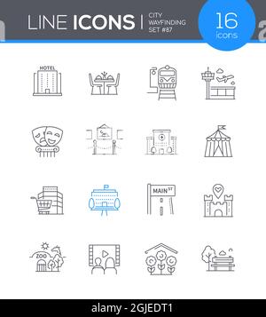 City wayfinding - Set di icone in stile moderno. Una collezione di attività e luoghi di soggiorno in città. Hotel, caffè, intrattenimento per adulti e. Illustrazione Vettoriale