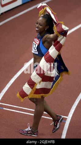 USA's Gail Devers celebra la vittoria delle donne 60m Foto Stock