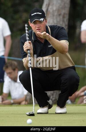 Peter Hanson in azione in Svezia durante l'ultima giornata del torneo di golf Scandinavian Masters Foto Stock