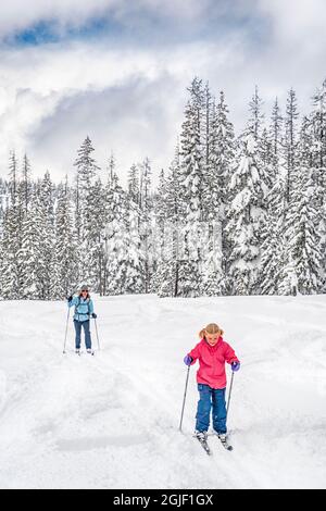 Sci di fondo per madre e figlia tra conifere innevate, Ray Benson Sno-Park, Willamette National Forest, Oregon. (SIG.) Foto Stock