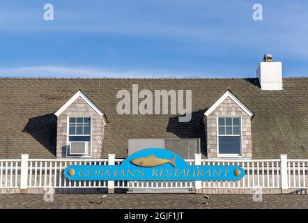 Insegna per il ristorante Gosman a Montauk, New York Foto Stock