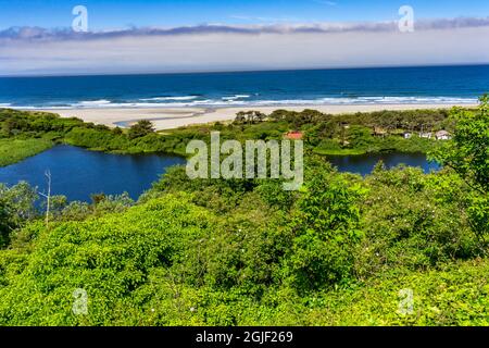 Green Cliffs Rocks Yellow Beach Coastline Blue Waves Oceano Pacifico, Firenze, Oregon. Foto Stock