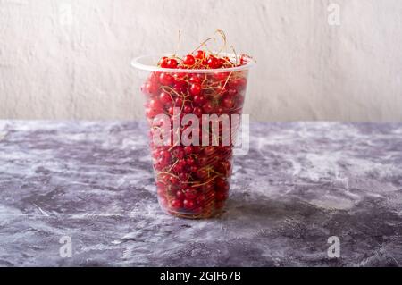 Ribes rosso in vetro di plastica. Ribes fatto in casa in un bicchiere. Ribes sul parabrezza. Vista frontale. Foto Stock