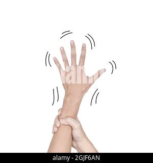 Tremore delle mani o del tremore essenziale nel giovane asiatico. Isolato su bianco. Foto Stock