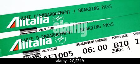 LINEE aeree ALITALIA, logo su Boarding Pass Foto Stock