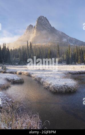 Neve fresca d'autunno sulla Liberty Bell Mountain e sui prati del Washington state Pass. Cascades del nord, stato di Washington Foto Stock