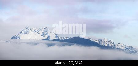 Stati Uniti, Washington state, Olympic National Park. Panoramica delle montagne dei Fratelli in inverno. Foto Stock