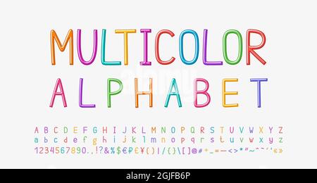 Lettere, numeri, segni sottili e multicolore brillanti. Carattere kids lineare disegnato a mano. Illustrazione Vettoriale