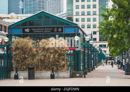 Stati Uniti, Washington state, Seattle. Stazione di transito nel quartiere Internazionale di Chinatown Foto Stock