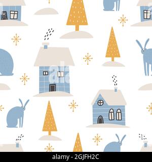 Modello di Natale Winter Forest scandinavo disegno a mano senza cuciture modello. Anno nuovo, Natale, tessitura delle feste con abete per stampa, carta, disegno Illustrazione Vettoriale