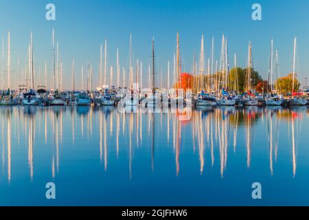 USA, Wisconsin. Vista panoramica dei colori autunnali riflessi sulle acque del porto di Bayfield sul Lago superiore. Foto Stock