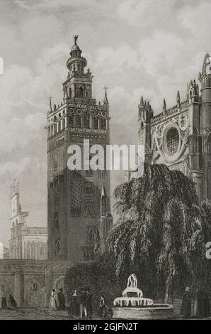 Spagna, Andalusia, Siviglia. La Cattedrale con la Giralda. Incisione. Las Glorias Nacionales. Volume III, edizione Madrid-Barcellona, 1853. Foto Stock