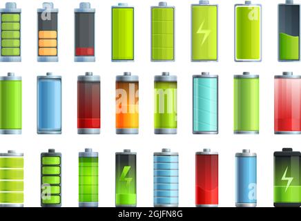 Le icone di carica della batteria impostano il vettore cartoon. Carica elettrica. Energia del caricabatteria Illustrazione Vettoriale