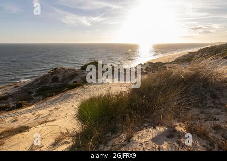 La costa più lunga della Spagna è la costa di Huelva. Da 'Matalascanas' a 'Ayamonte'. Costa con scogliere, dune, pini, vegetazione verde. IO Foto Stock