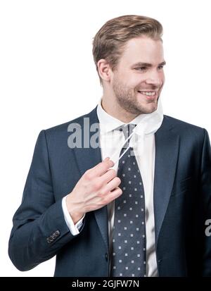 Im non ha paura. L'uomo felice take off maschera. Uomo professionale sorriso in abbigliamento formale. Sorridente avvocato Foto Stock