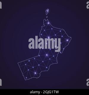 Mappa della rete digitale dell'Oman. Linea di connessione astratta e punto su sfondo scuro Illustrazione Vettoriale