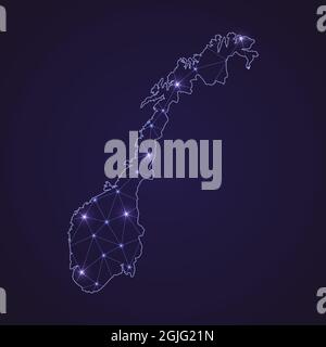 Mappa digitale della rete norvegese. Linea di connessione astratta e punto su sfondo scuro Illustrazione Vettoriale